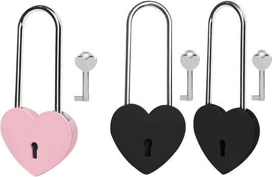 Pink and Black 3.5" Heart Lock with Key - Matte Metal Love Padlock for Lovelock Bridge, Jewelry Box, Diary Book