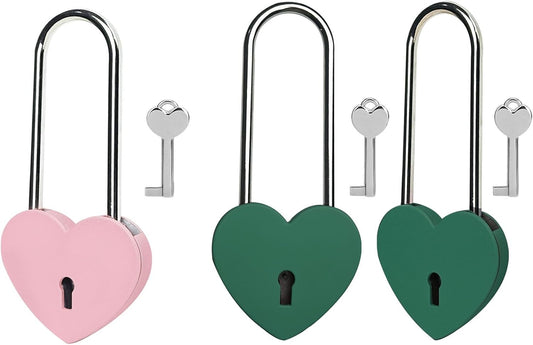 Pink and Green Heart Lock with Key - 3.5 Inches Love Padlock for Lovelock Bridge, Jewelry Box, Diary Book