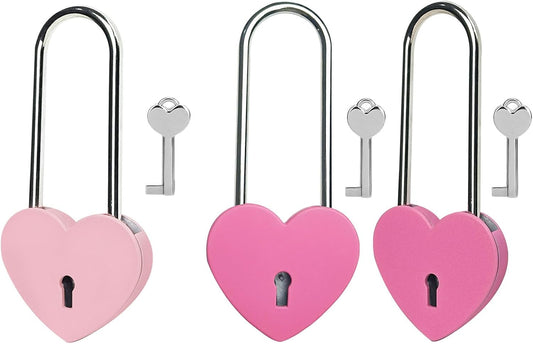Pink and Rose Red Heart Lock with Key - 3.5 Inches, Matte Metal Love Lock for Lovelock Bridge, Jewelry Box, Diary Book