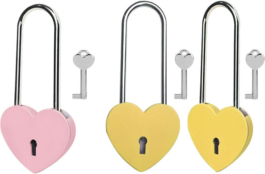 Pink and Yellow Heart Lock with Key, Matte Metal Love Padlock for Lovelock Bridge - 3.5 Inches