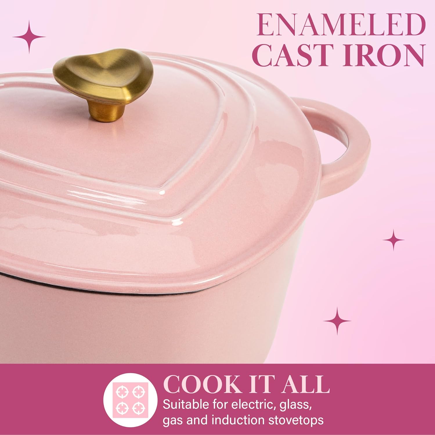 Pink Heart-Shaped Enameled Cast Iron Dutch Oven with Lid - 4 Quart, Paris Hilton Collection, Stovetop and Oven Safe