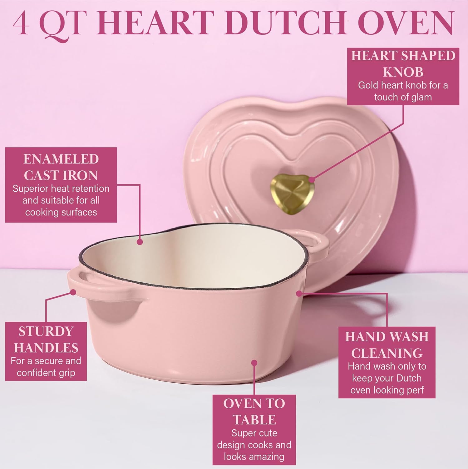Pink Heart-Shaped Enameled Cast Iron Dutch Oven with Lid - 4 Quart, Paris Hilton Collection, Stovetop and Oven Safe