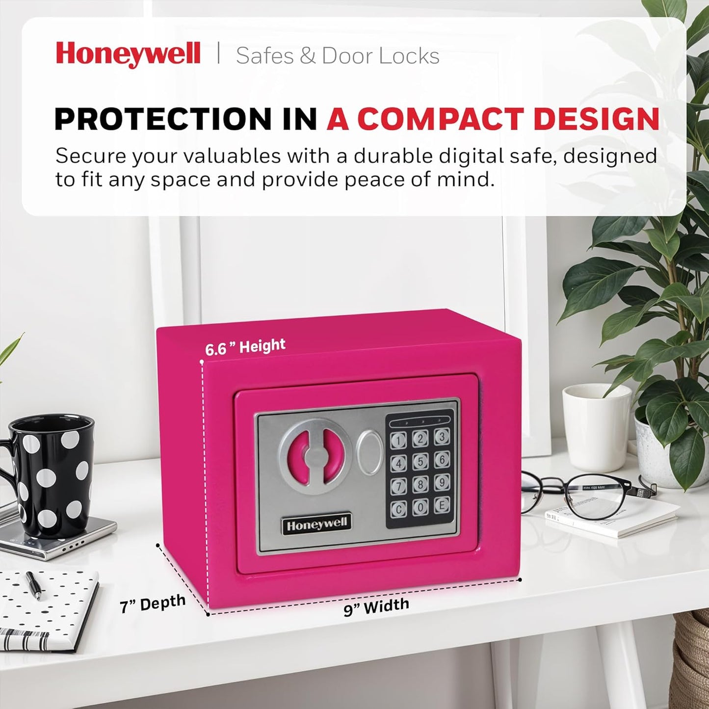 Pink Honeywell Small Safe Box with Digital Lock for Home Security - Bolt Down Steel Electronic Lock Box - 0.17-Cubic Feet - 5005P