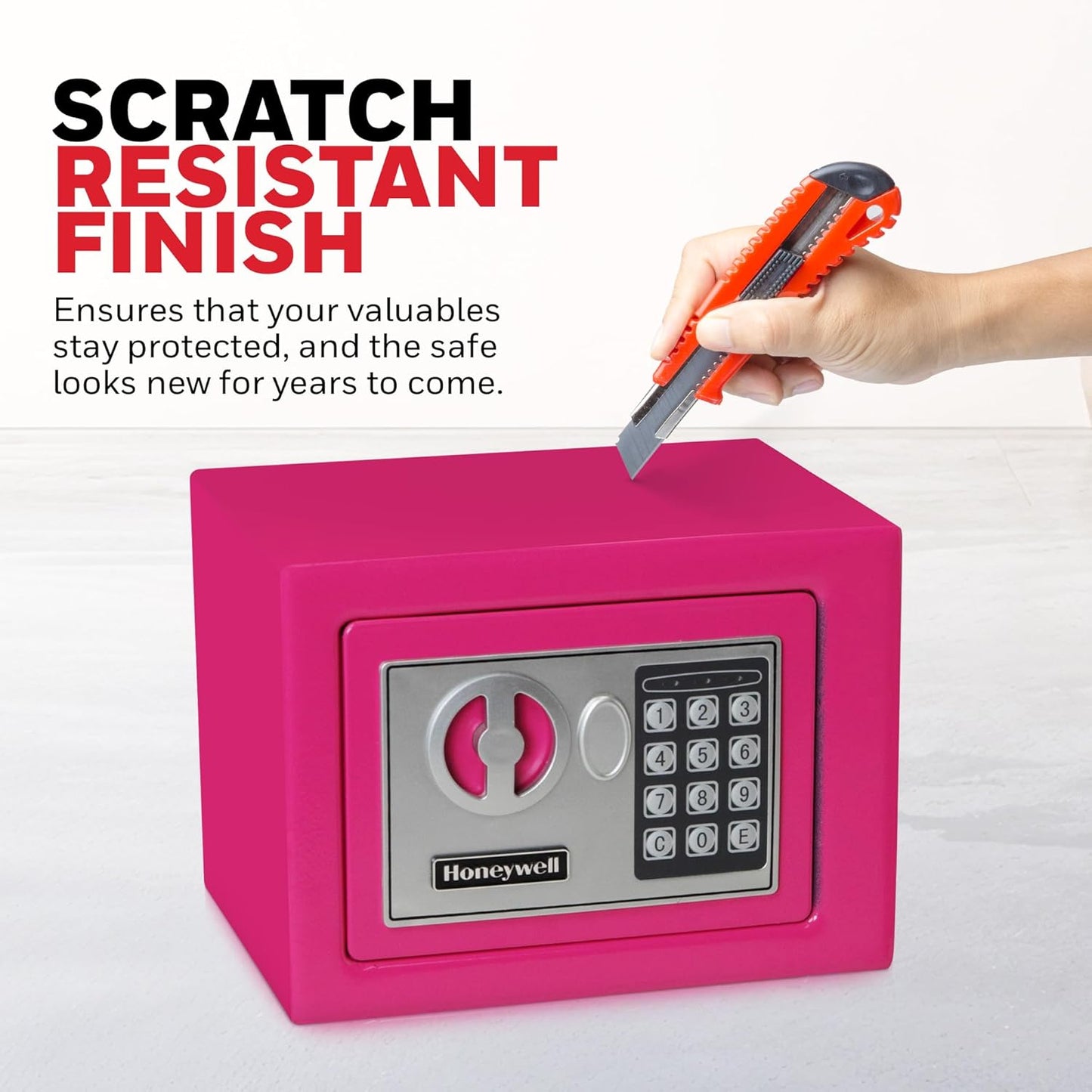 Pink Honeywell Small Safe Box with Digital Lock for Home Security - Bolt Down Steel Electronic Lock Box - 0.17-Cubic Feet - 5005P