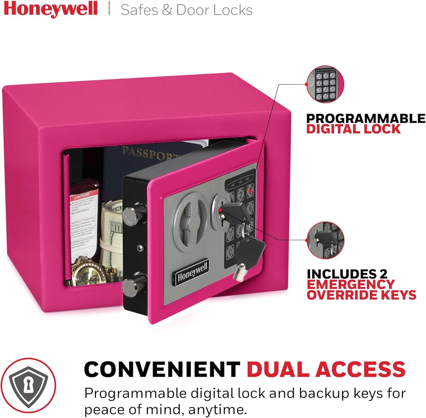 Pink Honeywell Small Safe Box with Digital Lock for Home Security - Bolt Down Steel Electronic Lock Box - 0.17-Cubic Feet - 5005P