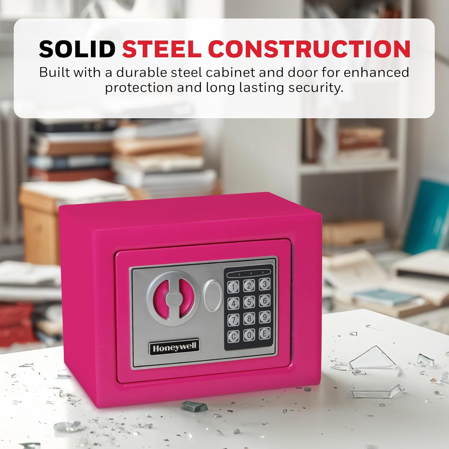 Pink Honeywell Small Safe Box with Digital Lock for Home Security - Bolt Down Steel Electronic Lock Box - 0.17-Cubic Feet - 5005P