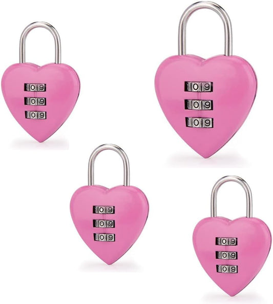 Pink Love Heart Shape Combination Padlock Set - 4 Pcs Mini 3-Digit Resettable Code Locks for Girls and Women