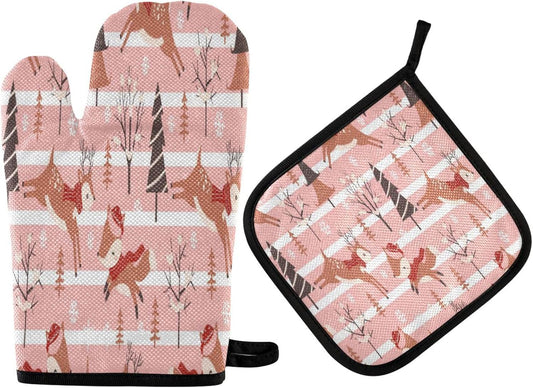 Pink Stripe Christmas Deer Trees Oven Mitts and Pot Holders Set - Heat Resistant Kitchen Gloves for Cooking, Bakeware, BBQ