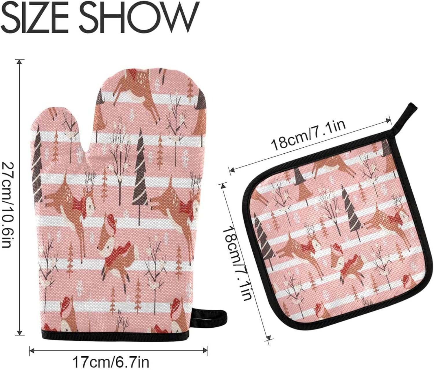 Pink Stripe Christmas Deer Trees Oven Mitts and Pot Holders Set - Heat Resistant Kitchen Gloves for Cooking, Bakeware, BBQ