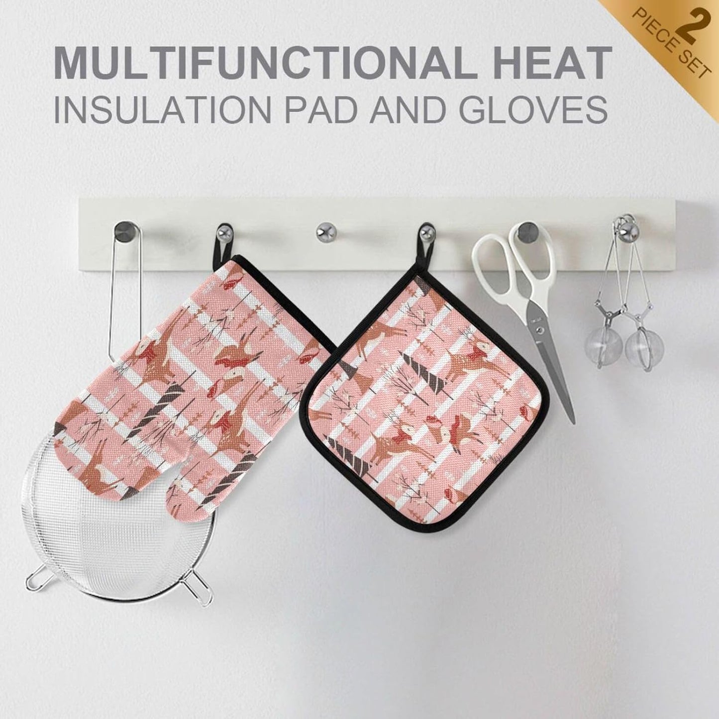 Pink Stripe Christmas Deer Trees Oven Mitts and Pot Holders Set - Heat Resistant Kitchen Gloves for Cooking, Bakeware, BBQ