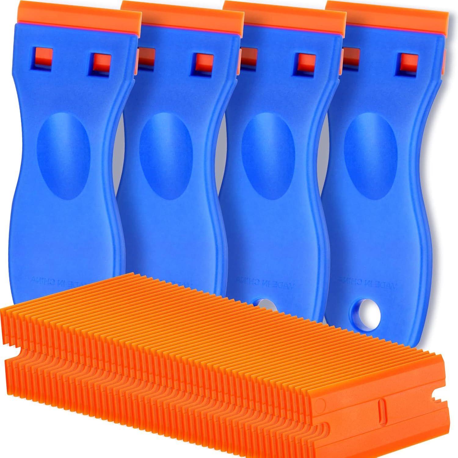 Plastic Razor Blade Scraper Set - 4 Scrapers & 100 Blades for Removing Labels, Decals, and Adhesive Residue from Car Windows and Glass