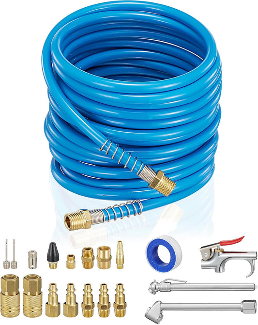 Pneumatic Air Compressor Accessory Kit with 25ft Coiled Hose, Blow Gun, Tire Gauge, Air Nozzle - Air Tool Set for Inflation & Dusting