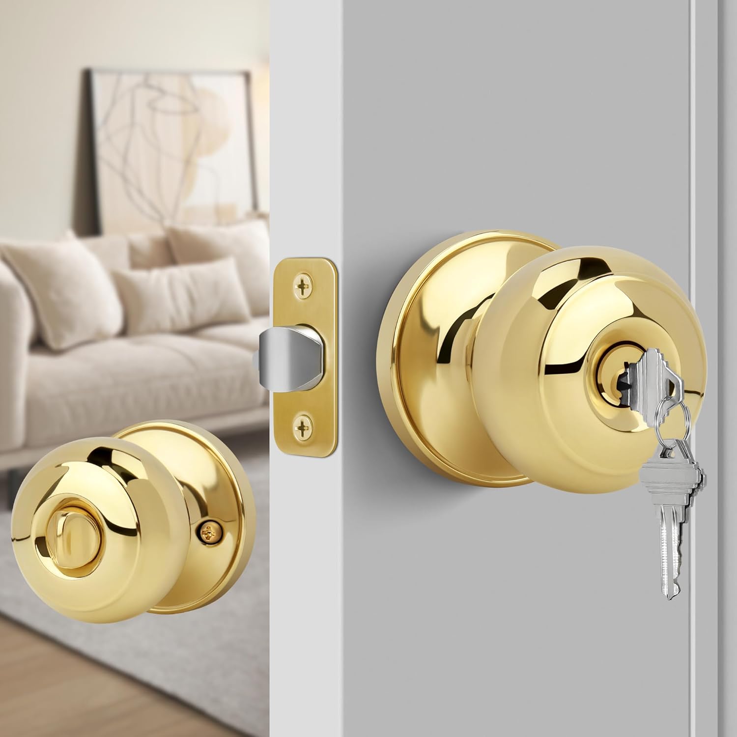 Polished Brass Keyed Entry Door Knob Set for Front/Entrance Doors, Flat Ball Interior Knob with Lock, Round Exterior Doorknob