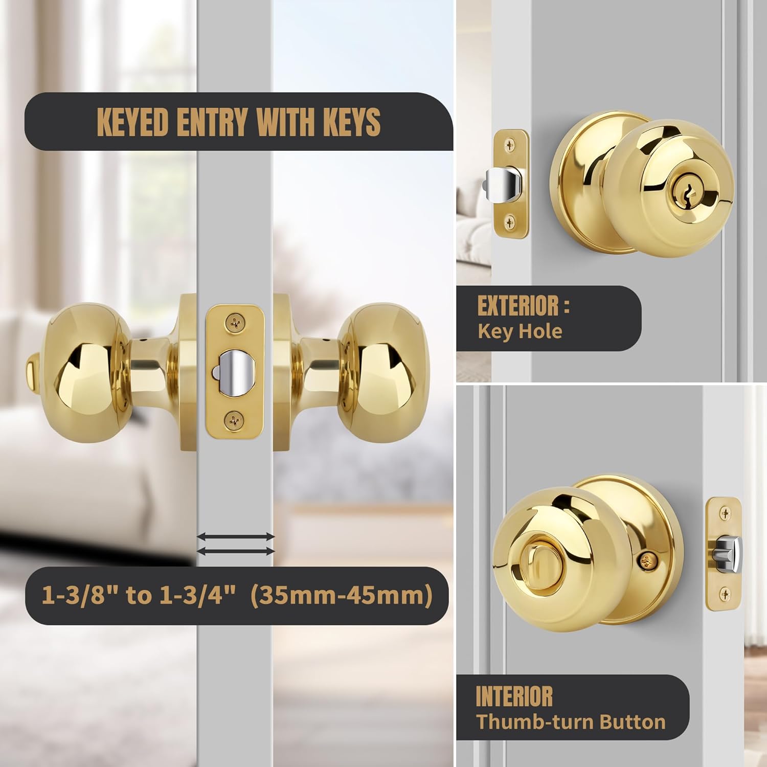 Polished Brass Keyed Entry Door Knob Set for Front/Entrance Doors, Flat Ball Interior Knob with Lock, Round Exterior Doorknob