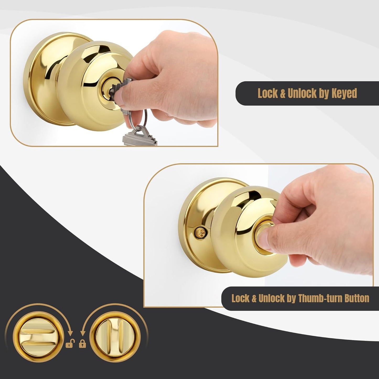 Polished Brass Keyed Entry Door Knob Set for Front/Entrance Doors, Flat Ball Interior Knob with Lock, Round Exterior Doorknob