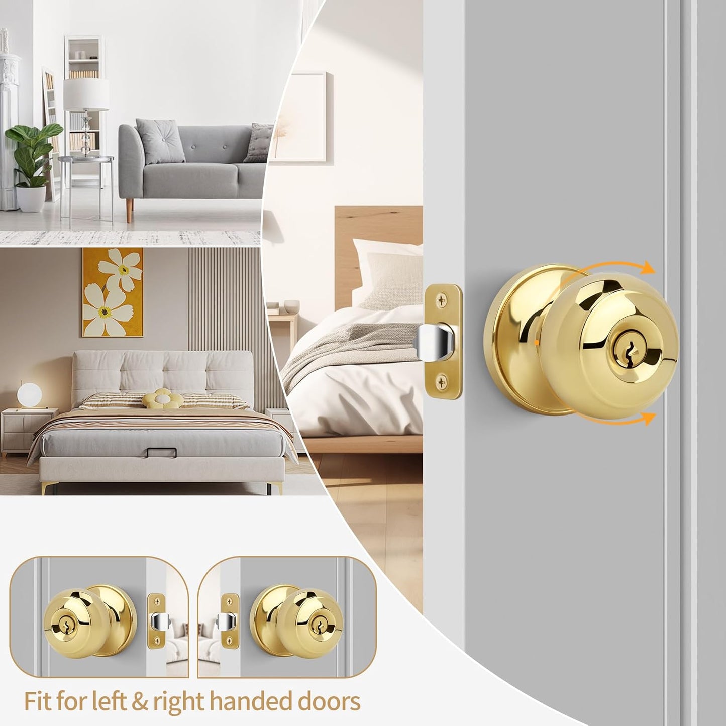 Polished Brass Keyed Entry Door Knob Set for Front/Entrance Doors, Flat Ball Interior Knob with Lock, Round Exterior Doorknob