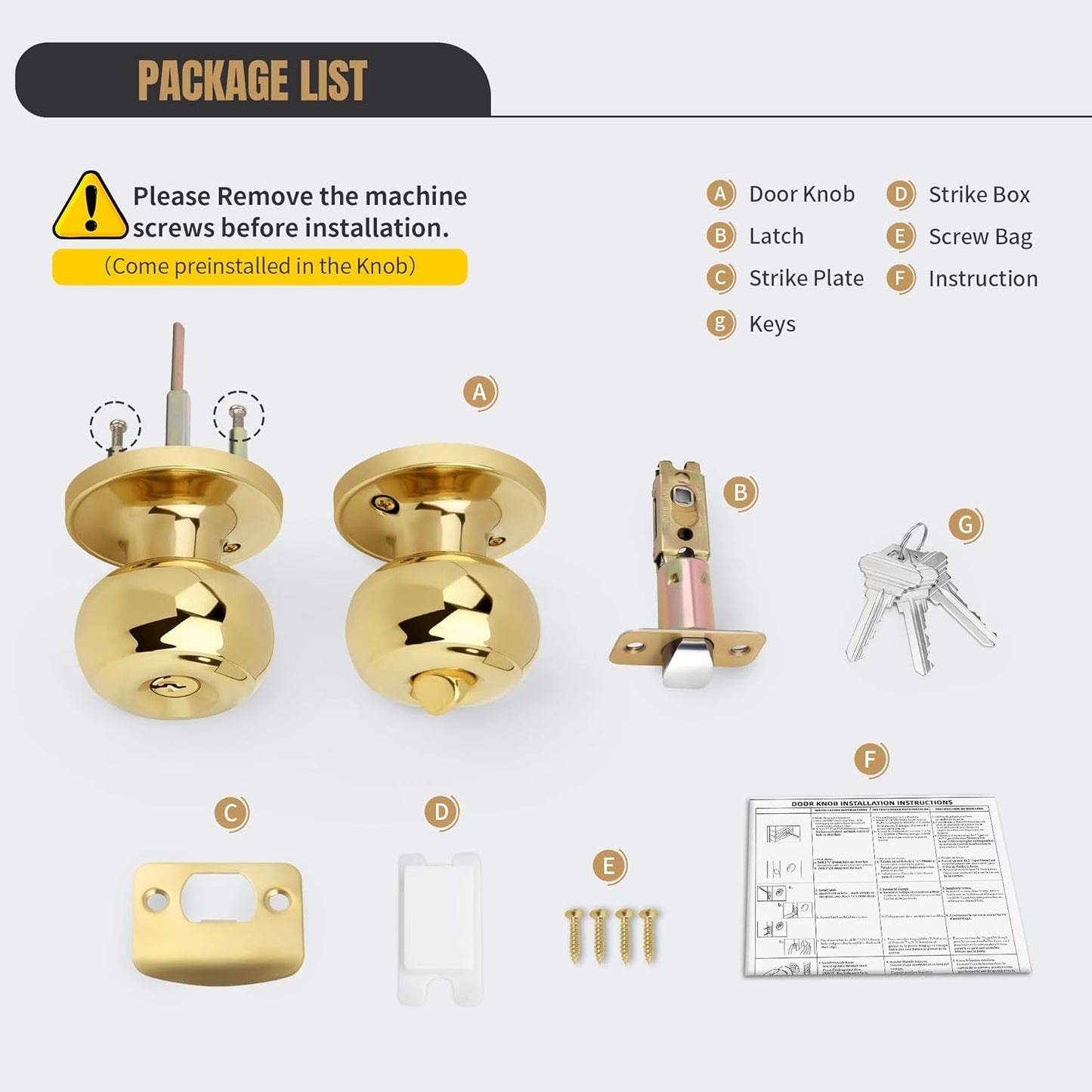 Polished Brass Keyed Entry Door Knob Set for Front/Entrance Doors, Flat Ball Interior Knob with Lock, Round Exterior Doorknob