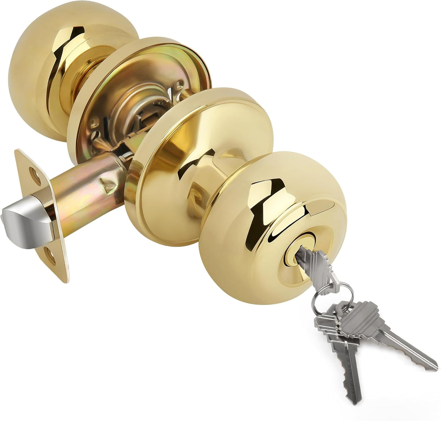 Polished Brass Keyed Entry Door Knob Set for Front/Entrance Doors, Flat Ball Interior Knob with Lock, Round Exterior Doorknob