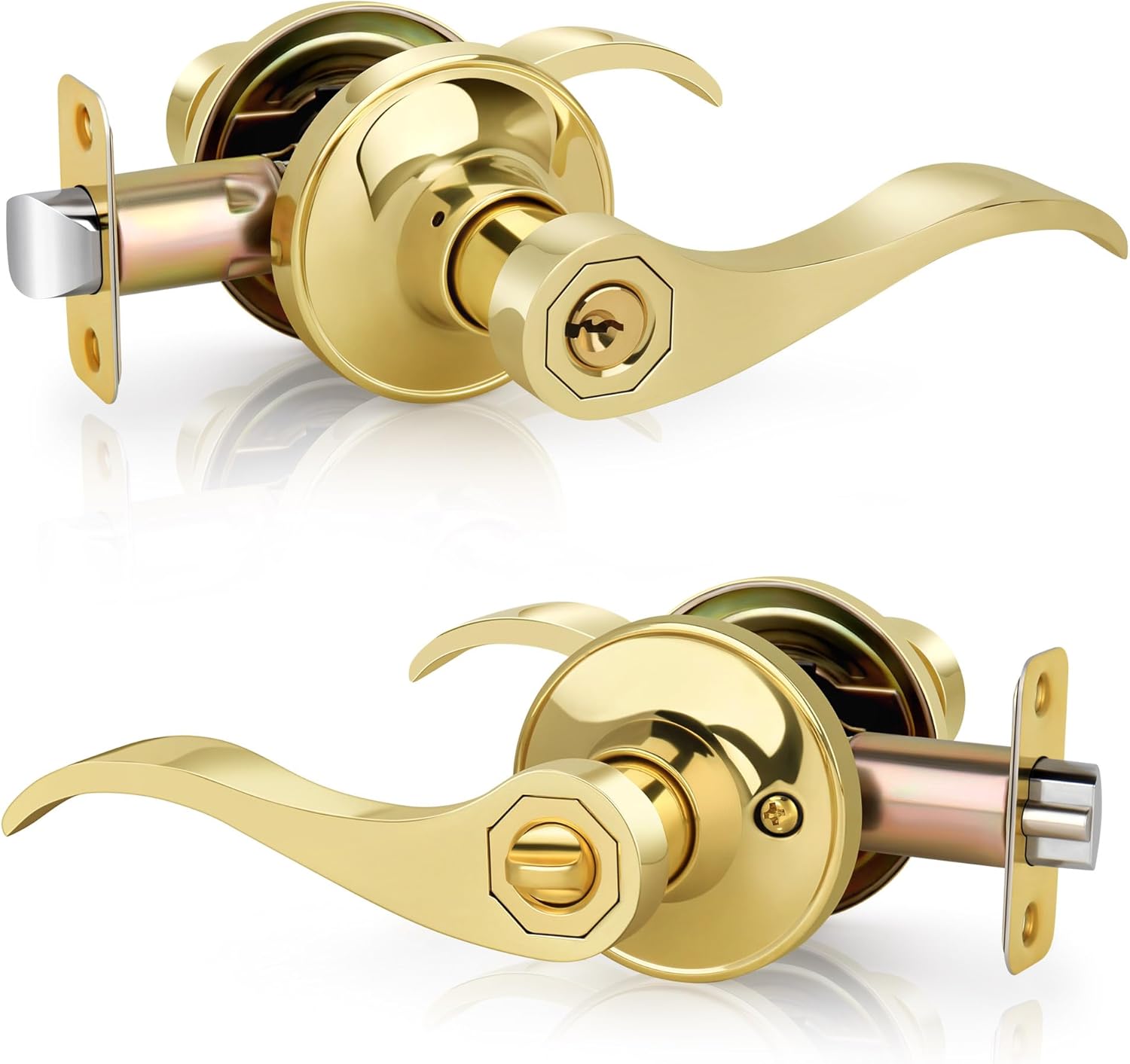 Polished Brass Wave Style Entry Door Handle with Keys - Keyed Lock for Front Doors - Reversible Lever for Left/Right Entry