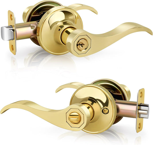 Polished Brass Wave Style Entry Door Handle with Keys - Keyed Lock for Front Doors - Reversible Lever for Left/Right Entry