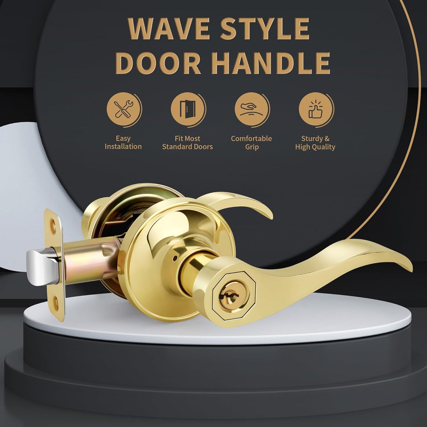 Polished Brass Wave Style Entry Door Handle with Keys - Keyed Lock for Front Doors - Reversible Lever for Left/Right Entry