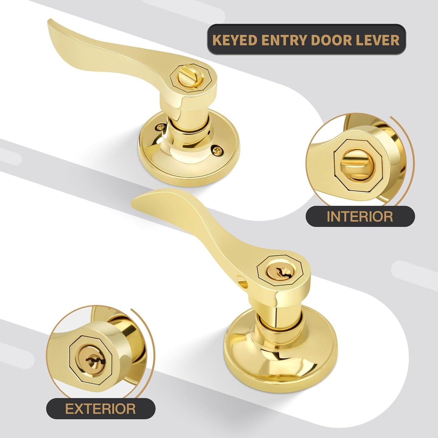 Polished Brass Wave Style Entry Door Handle with Keys - Keyed Lock for Front Doors - Reversible Lever for Left/Right Entry
