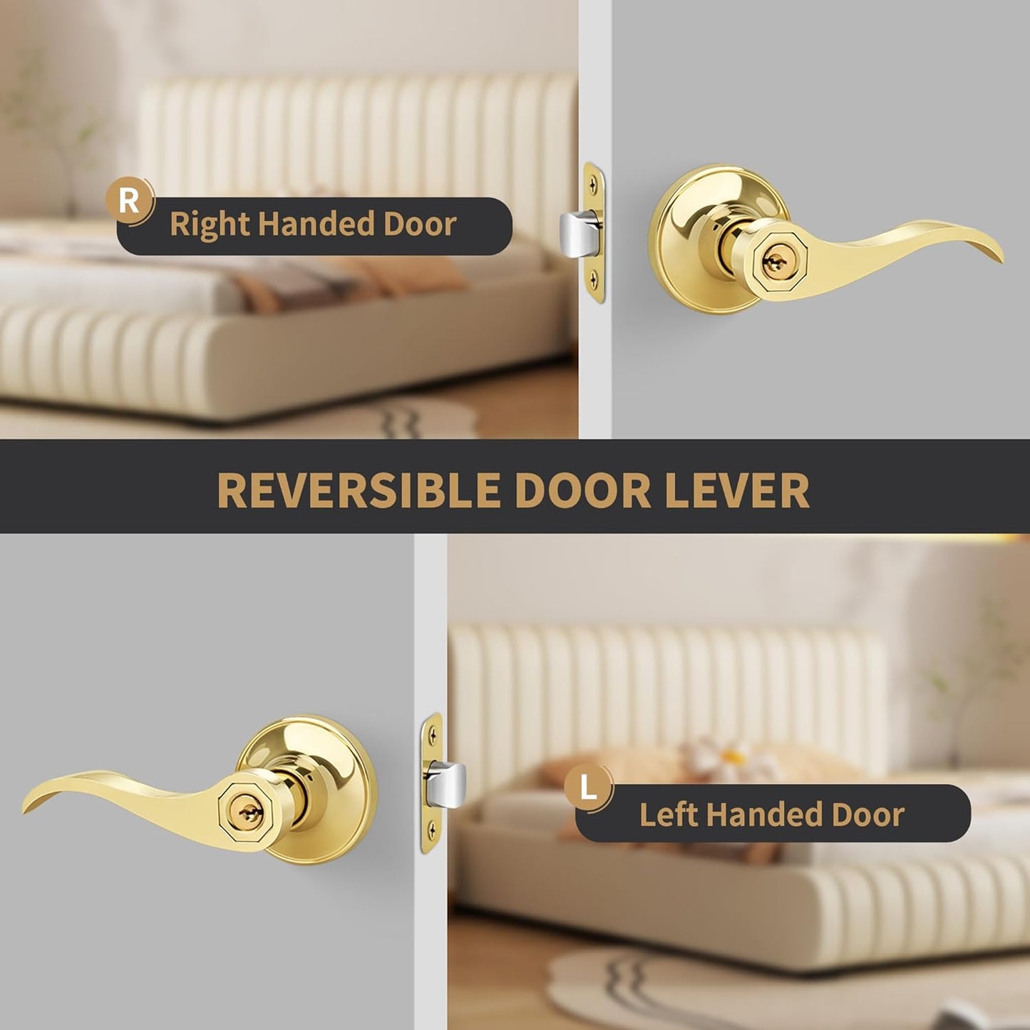 Polished Brass Wave Style Entry Door Handle with Keys - Keyed Lock for Front Doors - Reversible Lever for Left/Right Entry