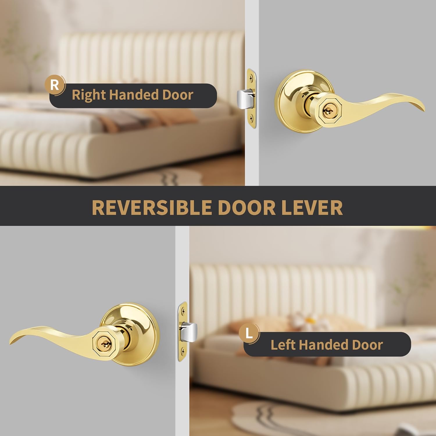 Polished Brass Wave Style Entry Door Handle with Keys - Keyed Lock for Front Doors - Reversible Lever for Left/Right Entry