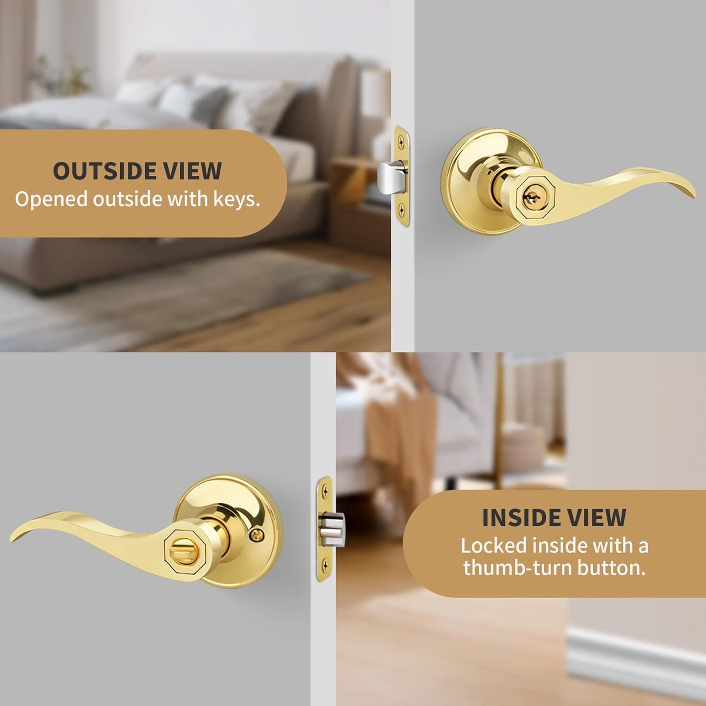 Polished Brass Wave Style Entry Door Handle with Keys - Keyed Lock for Front Doors - Reversible Lever for Left/Right Entry