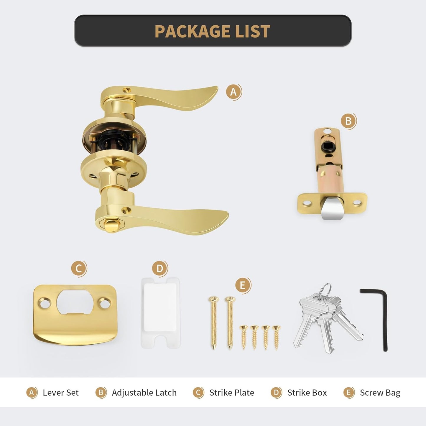 Polished Brass Wave Style Entry Door Handle with Keys - Keyed Lock for Front Doors - Reversible Lever for Left/Right Entry