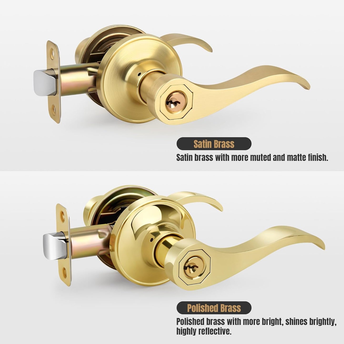 Polished Brass Wave Style Entry Door Handle with Keys - Keyed Lock for Front Doors - Reversible Lever for Left/Right Entry