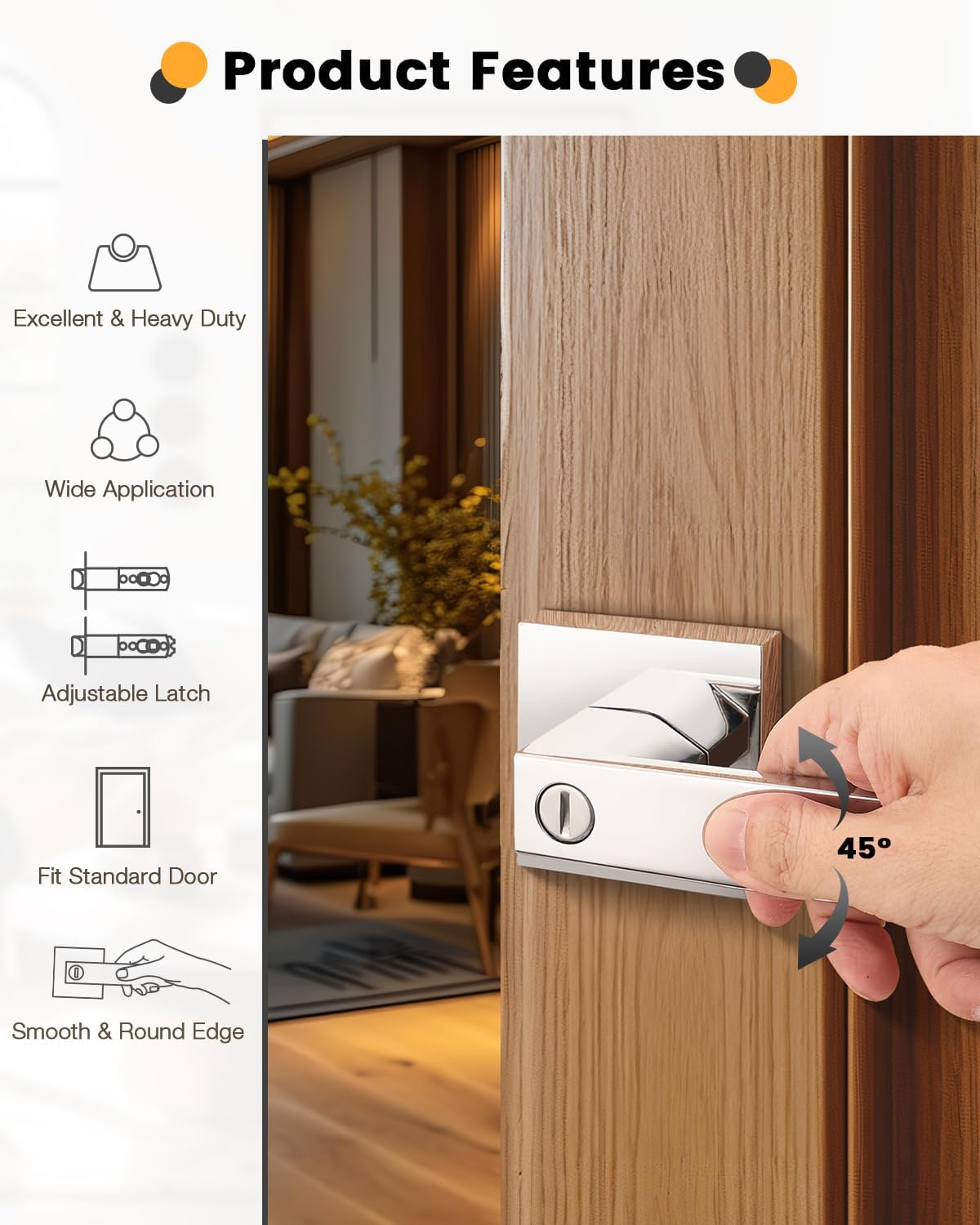 Polished Chrome Square Privacy Bed/Bath Lever Interior Door Handle - Gobrico 1 Pack