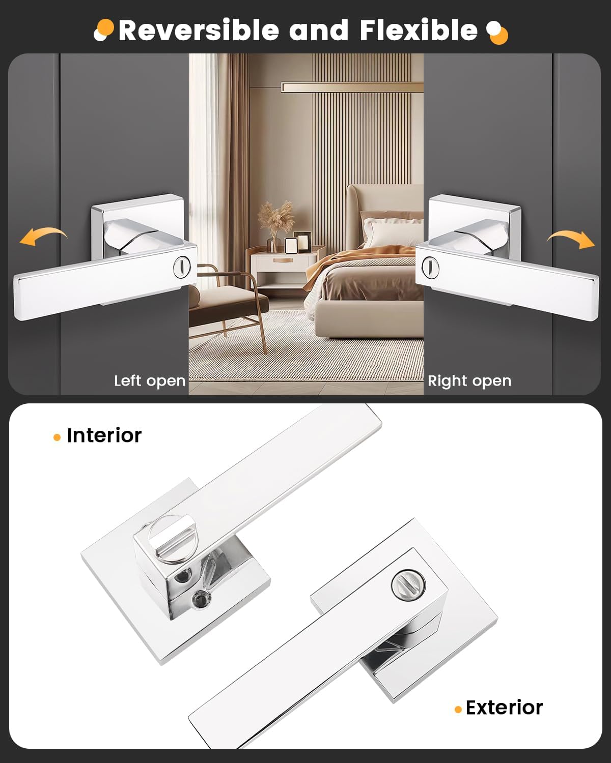 Polished Chrome Square Privacy Bed/Bath Lever Interior Door Handle - Gobrico 1 Pack