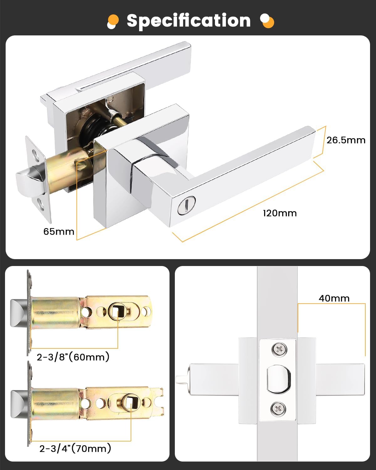 Polished Chrome Square Privacy Bed/Bath Lever Interior Door Handle - Gobrico 1 Pack