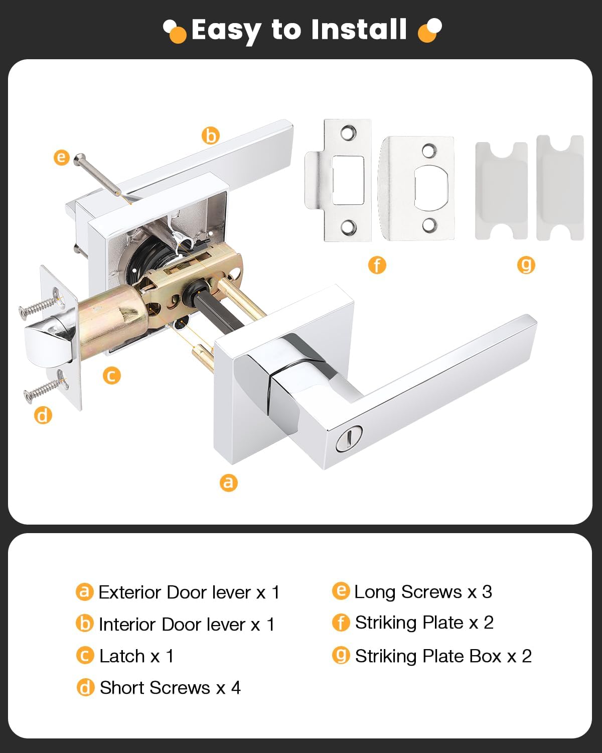 Polished Chrome Square Privacy Bed/Bath Lever Interior Door Handle - Gobrico 1 Pack