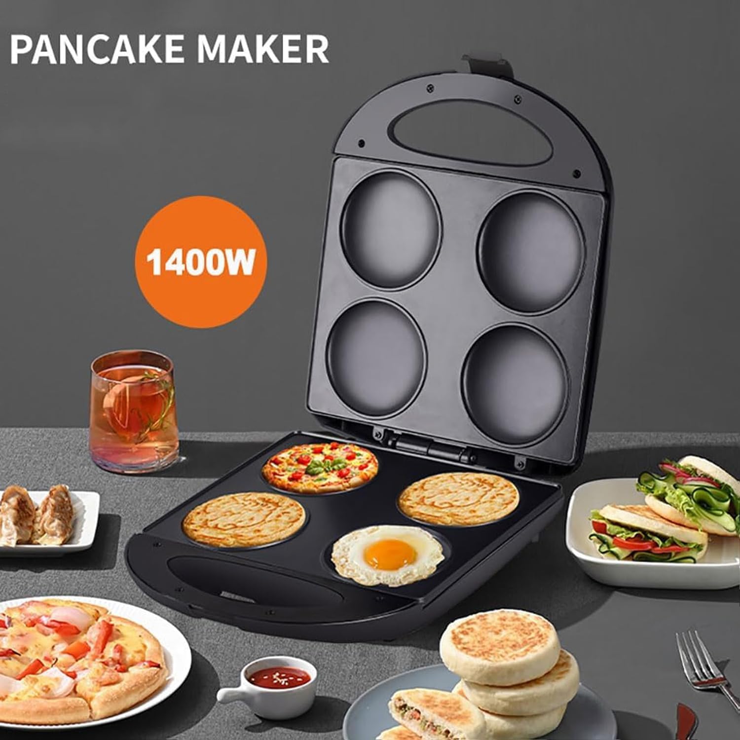 Portable 1400W Mini Nonstick Griddle for Healthy Cooking - Electric Arepa Maker, Pancake Pan - Make 4 Unique Flapjacks, Fried Eggs, Burgers, Omelettes - Single Hole Diameter 10CM