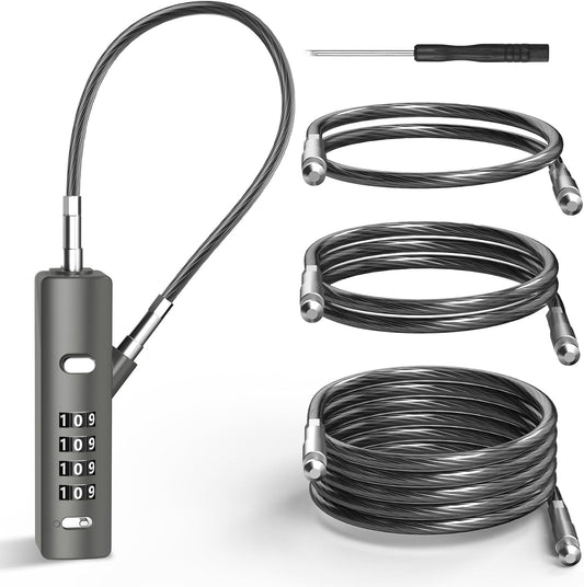 Portable Cable Lock with 3 Replaceable Steel Ropes - Small Combination Rope Lock for Cabinet, Bike, Luggage, Gate, Door, Fence - Gun-Grey, 1 Pack