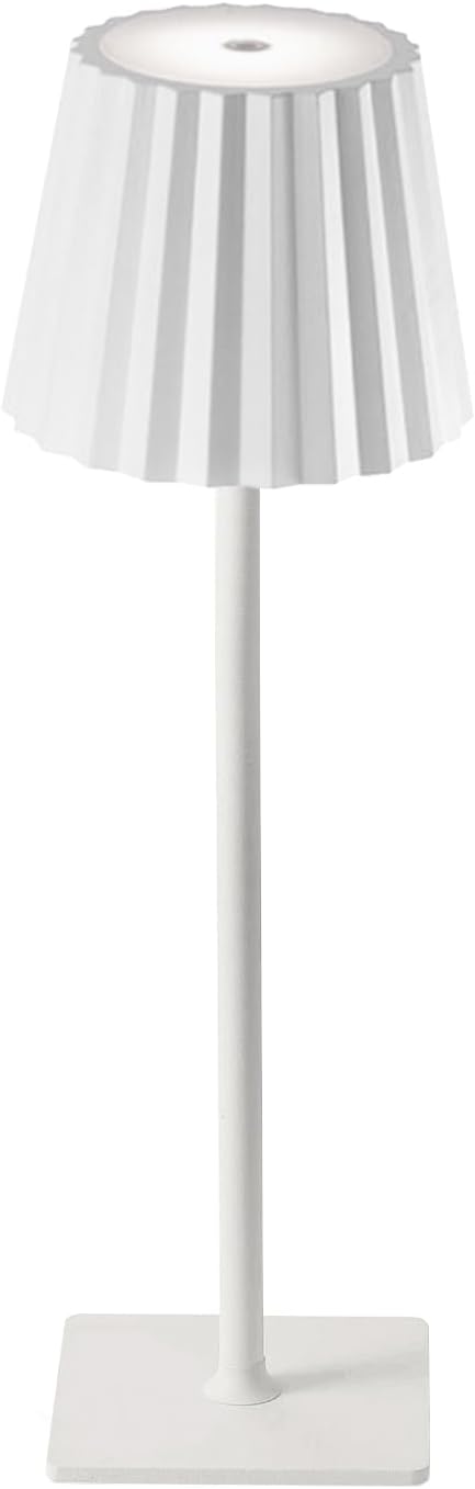 Portable Cordless Table Lamp with Rechargeable 5000mAh Battery, Stepless Dimming, Pleated Lamp Shade - LED Desk Lamp for Bedroom, Living Room, Restaurant, Outdoor - White