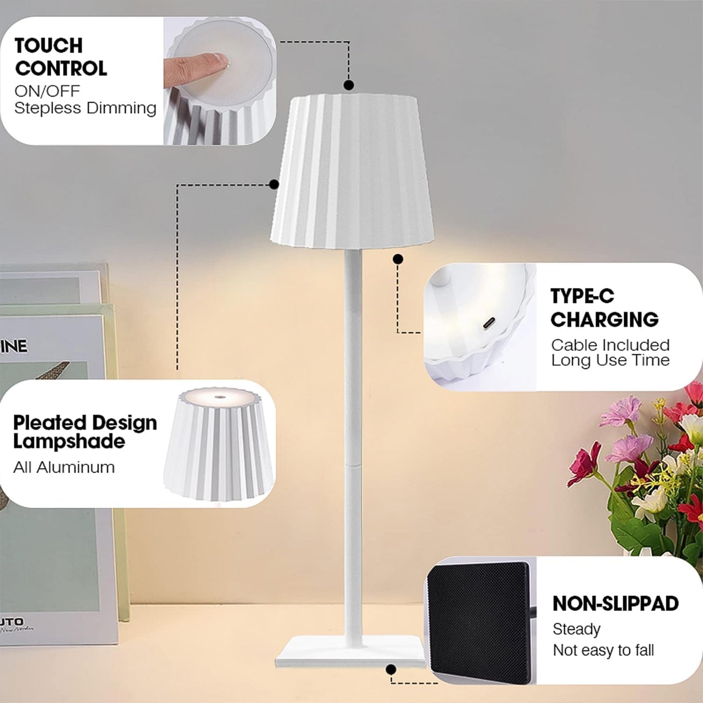 Portable Cordless Table Lamp with Rechargeable 5000mAh Battery, Stepless Dimming, Pleated Lamp Shade - LED Desk Lamp for Bedroom, Living Room, Restaurant, Outdoor - White