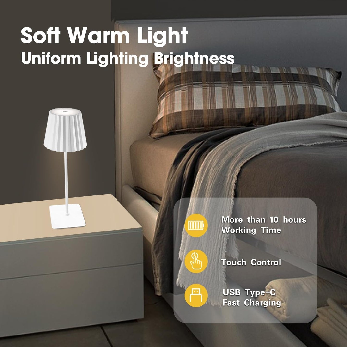 Portable Cordless Table Lamp with Rechargeable 5000mAh Battery, Stepless Dimming, Pleated Lamp Shade - LED Desk Lamp for Bedroom, Living Room, Restaurant, Outdoor - White