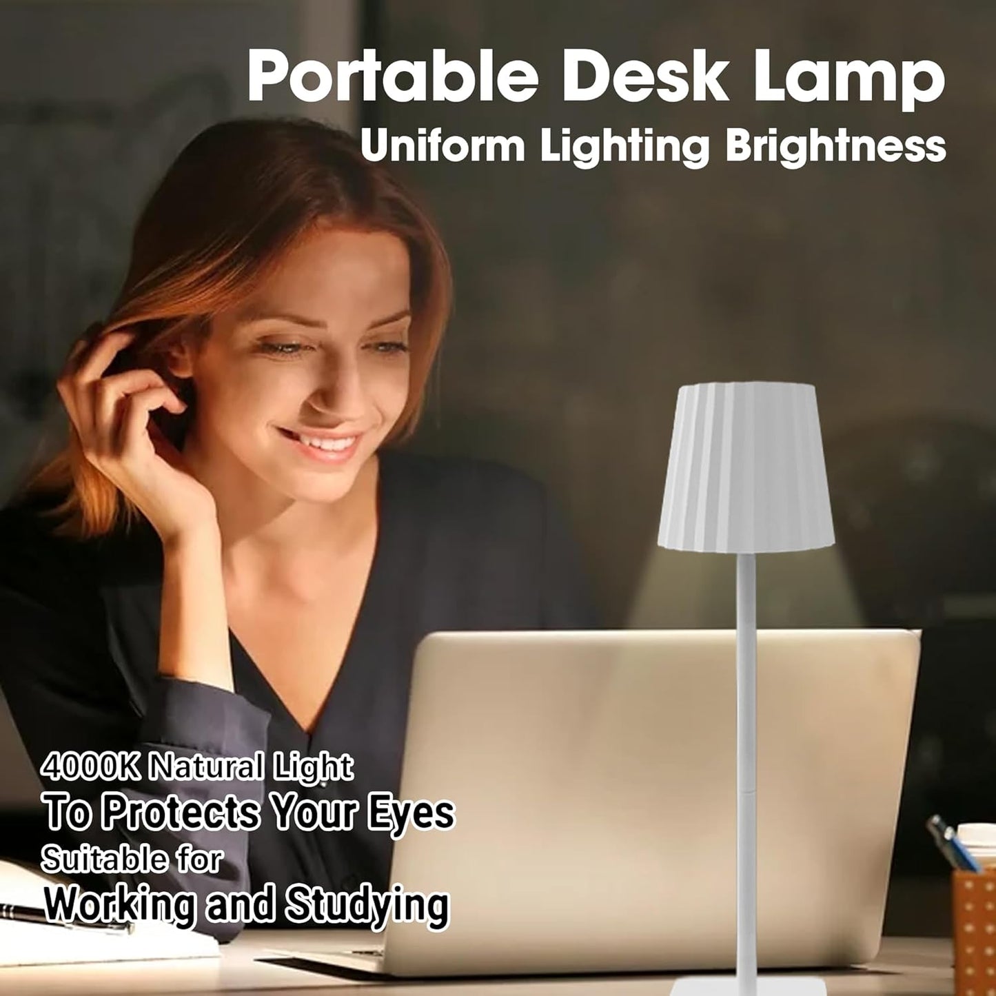 Portable Cordless Table Lamp with Rechargeable 5000mAh Battery, Stepless Dimming, Pleated Lamp Shade - LED Desk Lamp for Bedroom, Living Room, Restaurant, Outdoor - White