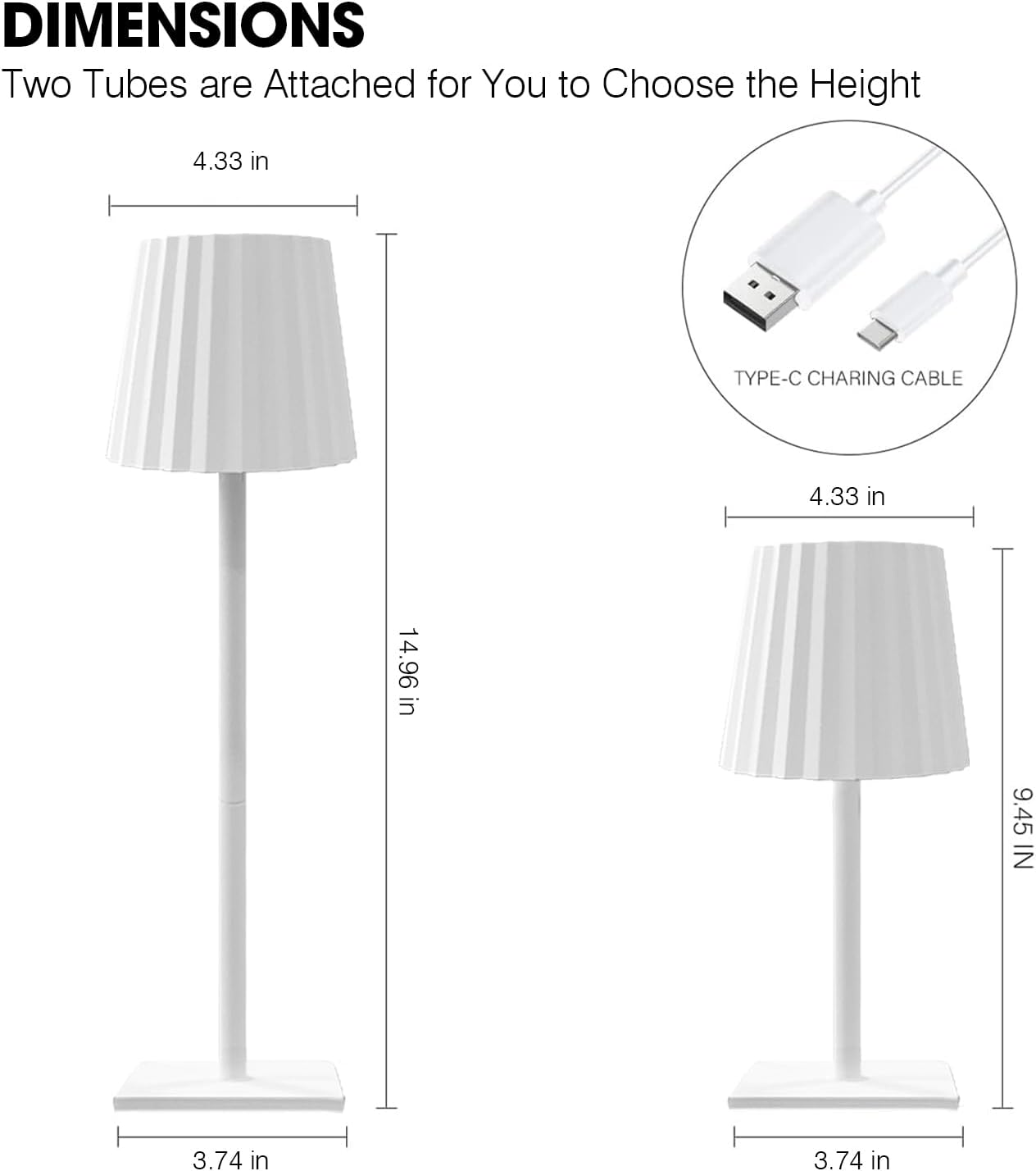 Portable Cordless Table Lamp with Rechargeable 5000mAh Battery, Stepless Dimming, Pleated Lamp Shade - LED Desk Lamp for Bedroom, Living Room, Restaurant, Outdoor - White