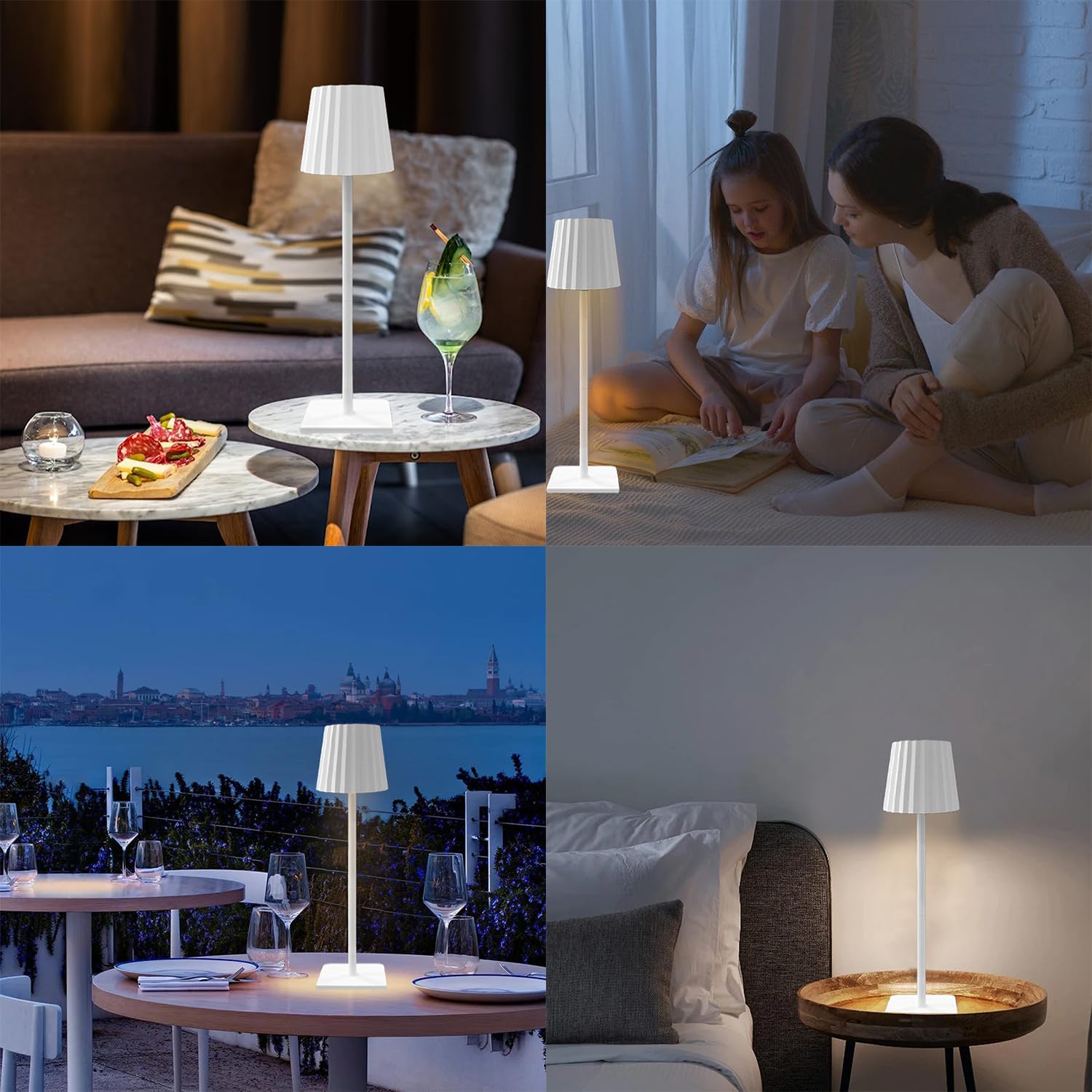 Portable Cordless Table Lamp with Rechargeable 5000mAh Battery, Stepless Dimming, Pleated Lamp Shade - LED Desk Lamp for Bedroom, Living Room, Restaurant, Outdoor - White