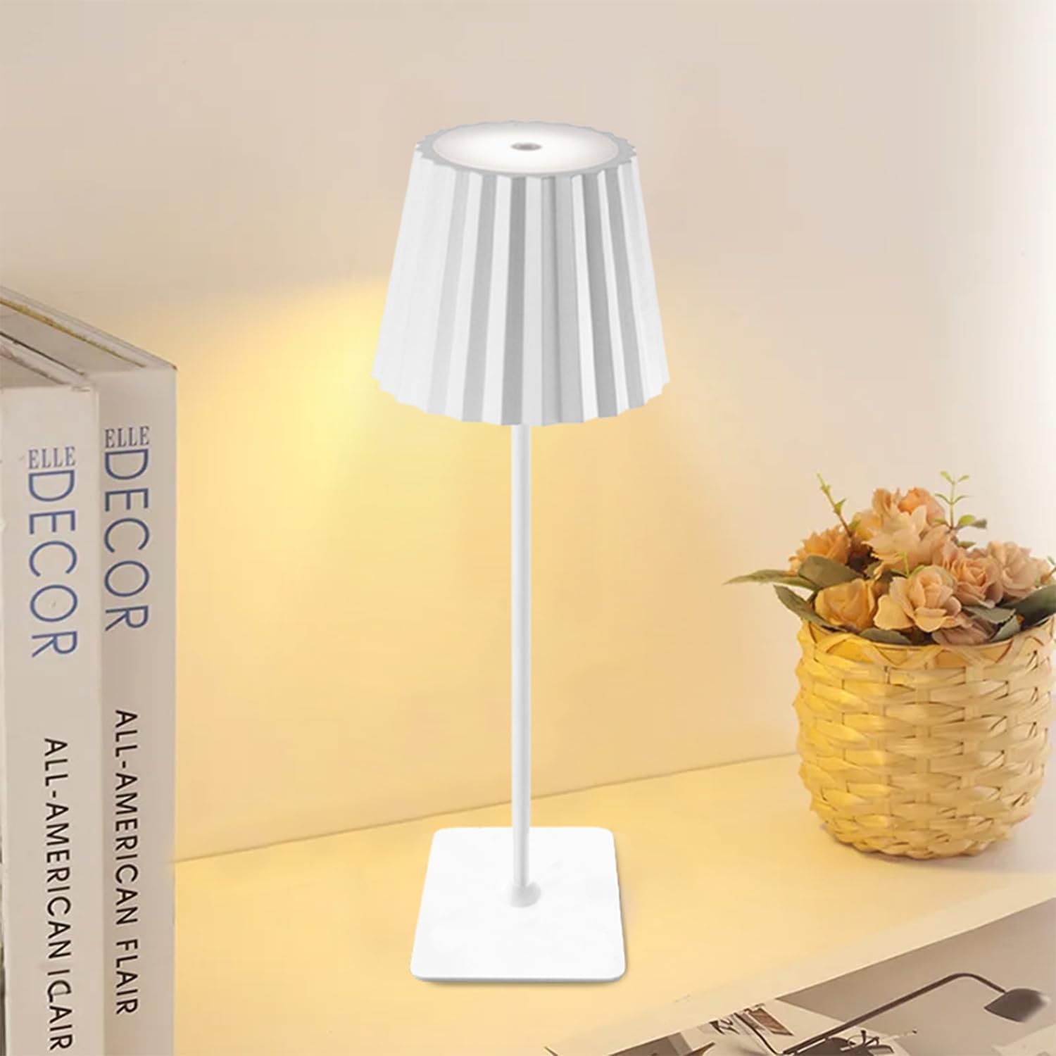 Portable Cordless Table Lamp with Rechargeable 5000mAh Battery, Stepless Dimming, Pleated Lamp Shade - LED Desk Lamp for Bedroom, Living Room, Restaurant, Outdoor - White
