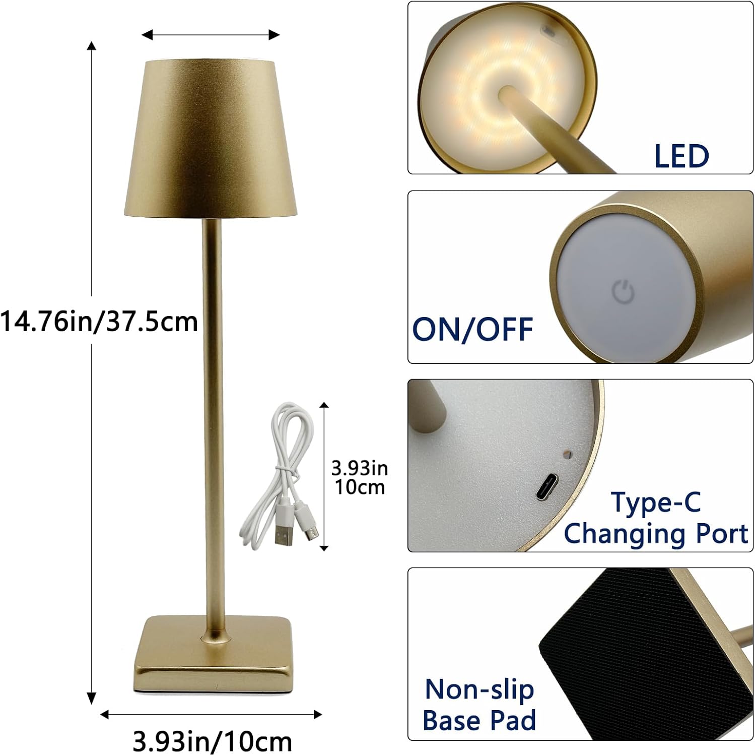 Portable Cordless Table Lamp with Rechargeable Battery - LED Desk Lamp with Stepless Dimming for Restaurant, Bedroom, Bars - Modern Night Light in Gold - 1 Pack