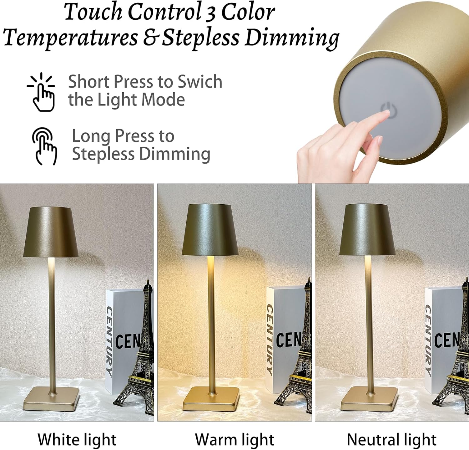 Portable Cordless Table Lamp with Rechargeable Battery - LED Desk Lamp with Stepless Dimming for Restaurant, Bedroom, Bars - Modern Night Light in Gold - 1 Pack