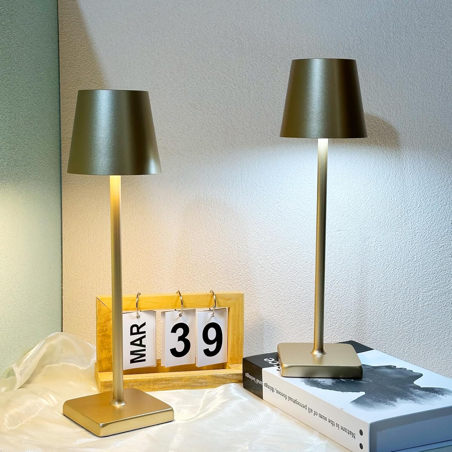 Portable Cordless Table Lamp with Rechargeable Battery - LED Desk Lamp with Stepless Dimming for Restaurant, Bedroom, Bars - Modern Night Light in Gold - 1 Pack