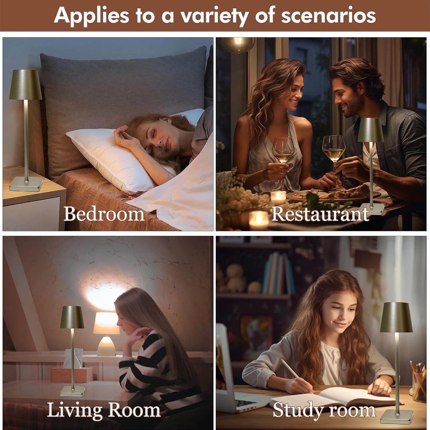 Portable Cordless Table Lamp with Rechargeable Battery - LED Desk Lamp with Stepless Dimming for Restaurant, Bedroom, Bars - Modern Night Light in Gold - 1 Pack