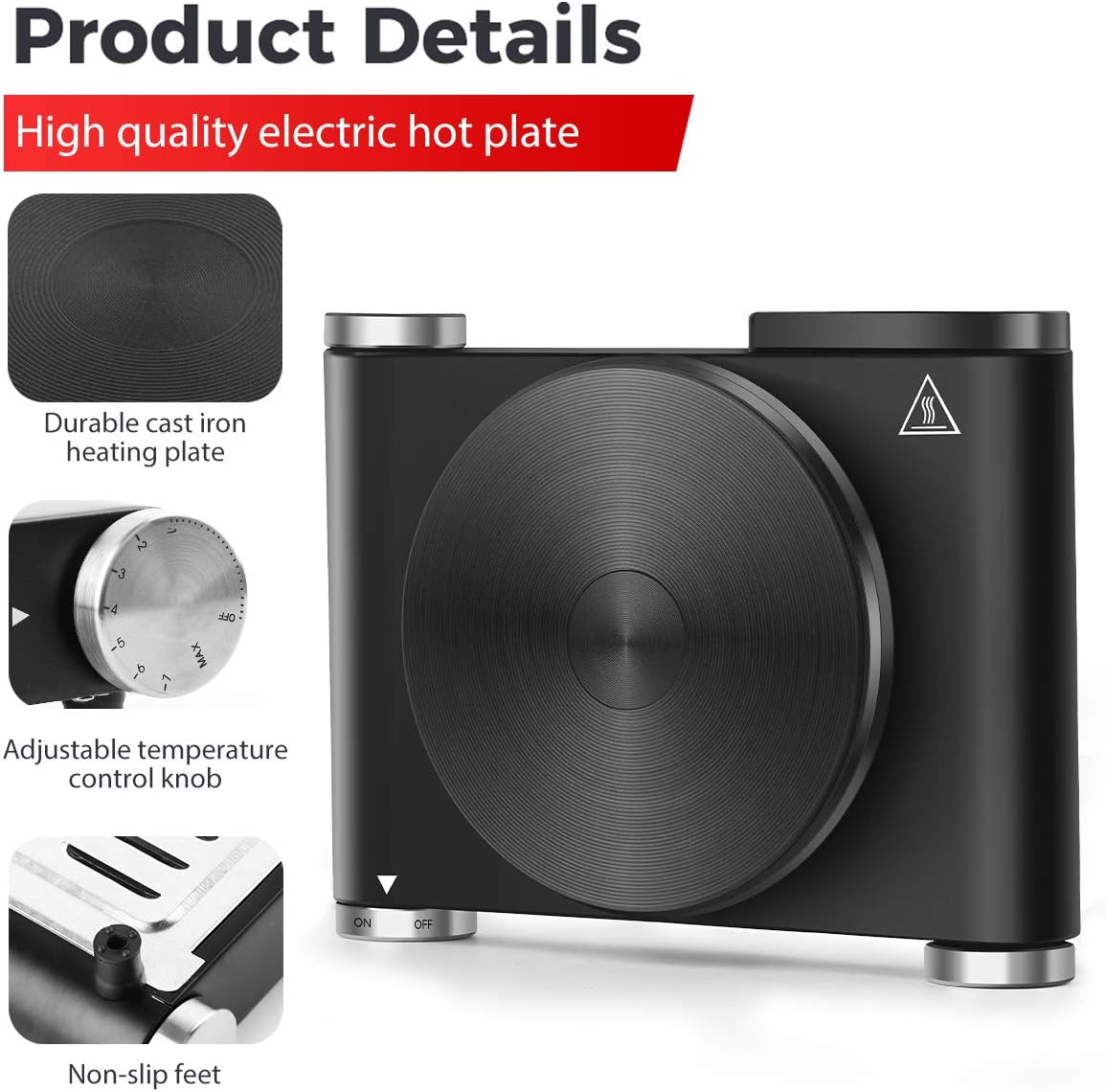 Portable Electric Hot Plate for Cooking - Single Burner 1500W Cast Iron, Fast Heat-up, Adjustable Temp Control, Stainless Steel, Non-Slip Feet - Upgraded Version - CUSIMAX B101