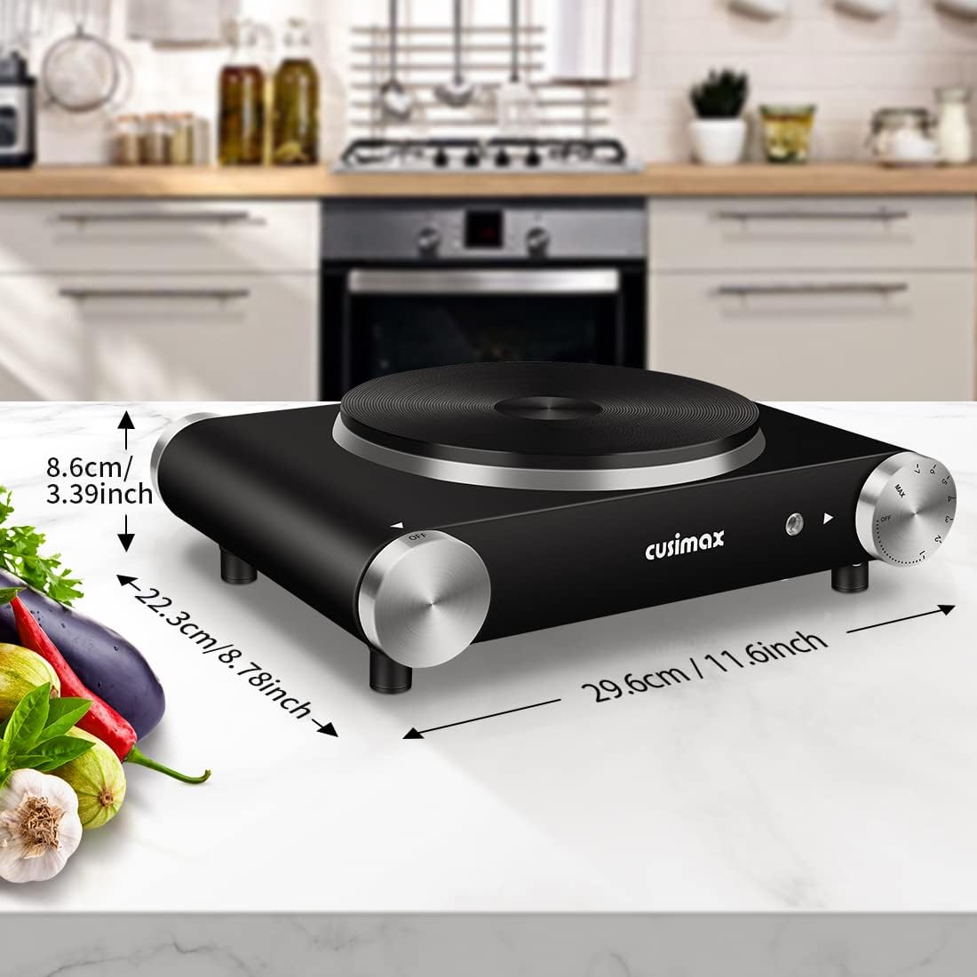 Portable Electric Hot Plate for Cooking - Single Burner 1500W Cast Iron, Fast Heat-up, Adjustable Temp Control, Stainless Steel, Non-Slip Feet - Upgraded Version - CUSIMAX B101
